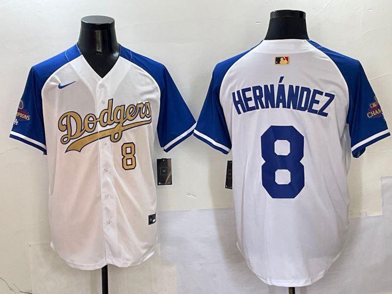 Men Los Angeles Dodgers 8 Hernandez White Blue Champion gold character Nike 2025 MLB Jersey style 5043